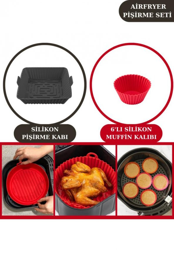Onikiden Airfryer Silikon Kare Pişirme Kabı ve 6’lı Kek Muffin Kalıbı Set- Hava Fritözleriyle Uyumlu ürün görseli 1