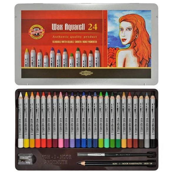 Koh-i Noor Wax Aquarell Balmumu Kalın Boya Kalemi 24 Renk Metal Kutu ürün görseli 1