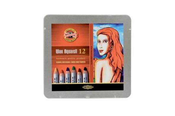 Koh-i Noor Wax Aquarell Balmumu Kalın Boya Kalemi 12 Renk Metal Kutu ürün görseli 1