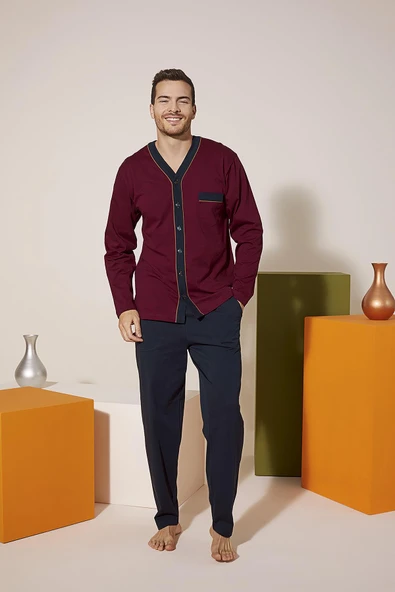 KLY 9217 Erkek V Yaka Boydan Düğmeli Pijama Takım ürün görseli 1