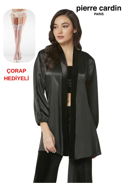 Pierre Cardin Kadın 3'lü Kadife Croplu Sabahlıklı Saten Pijama Takım Çorap Hediyeli ürün görseli 1