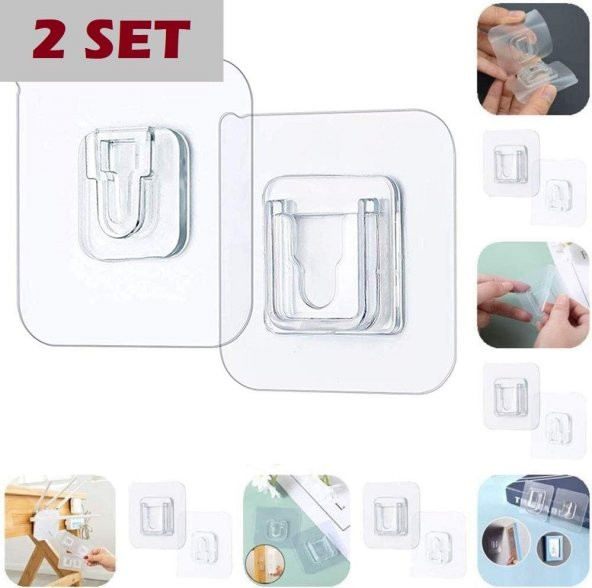2 Li Set Çift Taraflı Yapışkanlı Geçmeli Klips Eşya Sabitleme Askısı Şeffaf Duvar Kancası ürün görseli 1