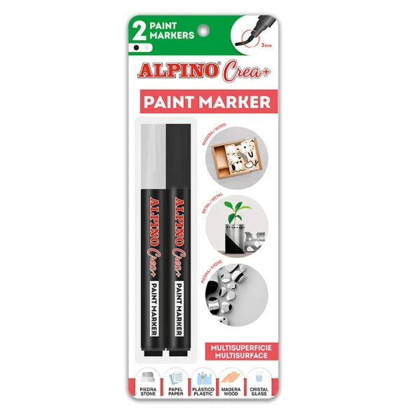 Alpino Crea+ Paint Marker Tüm Yüzeyler İçin Boyama Markörü Siyah-Beyaz 2li Blister ürün görseli 1