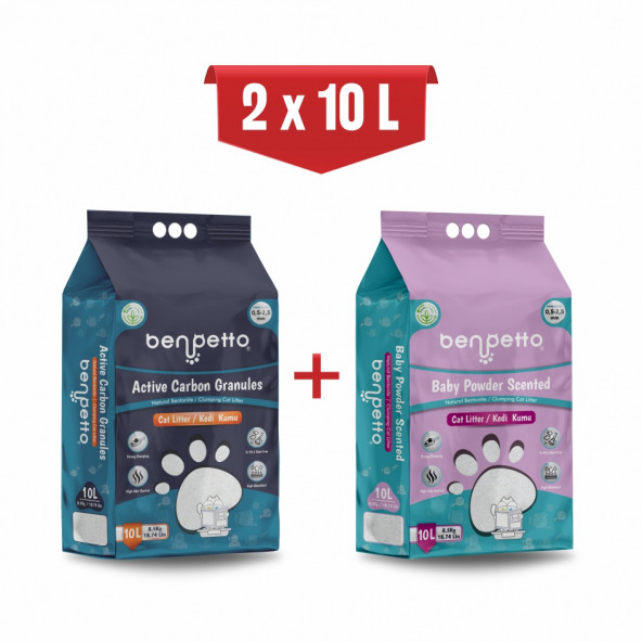 BENPETTO AB250  Aktif Karbon & Bebek Pudrası Parfümlü  2'Li 2X10 20 Lt Topaklanan Kedi Kumu / Cat Litter ürün görseli 1