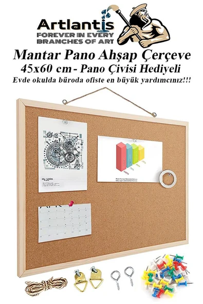 Mantar Pano Ahşap Çerçeve 45x60 cm 1 Adet Harita Çivisi Hediyeli Duvara Monte Mantar Çerçeve Evde Okulda Büroda Ofiste ürün görseli 1