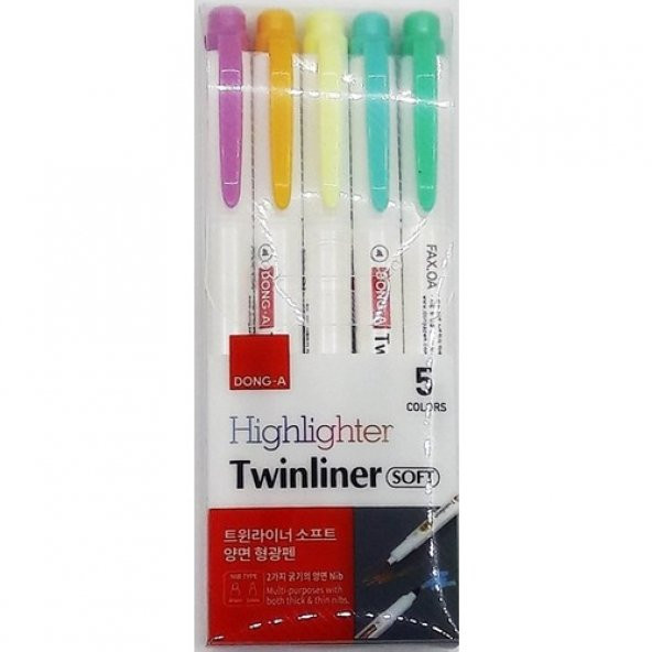 Dong-A Twinliner Soft Fosforlu Kalem Çift Taraflı 5 li Set ürün görseli 1