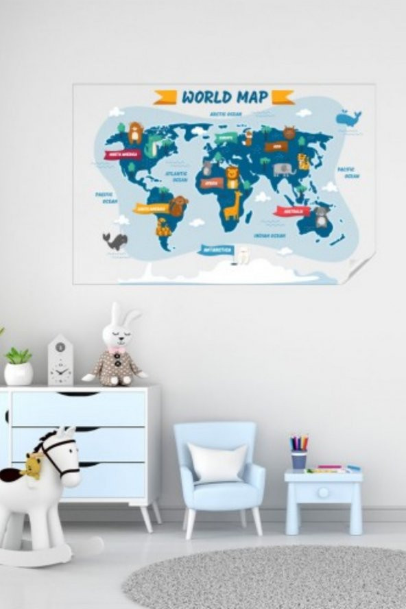Hayvanlı Dünya Haritası, Çocuklar Için Eğlenceli Dünya Haritası, Eğitici Oyuncak Çocuk Odası Sticker ürün görseli 1