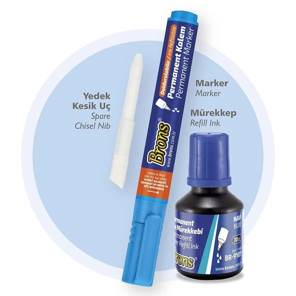 Brons Permanent Marker Seti Kesik Uç Mavi (Kalem + Mürekkep + Yedek Uç) ürün görseli 1