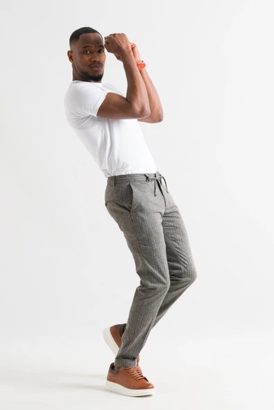 Slimfit Çizgili Beli Lastikli İplikli Yazlık İnce Linen Kumaş Duble Paça Erkek Keten Pantolon ürün görseli 1