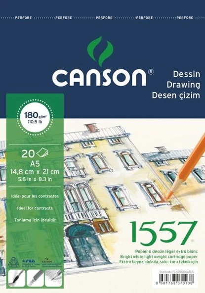Canson 1557 Dessin Resim Ve Çizim Blok 180 gr. Spiralli A5 20 Sayfa ürün görseli 1