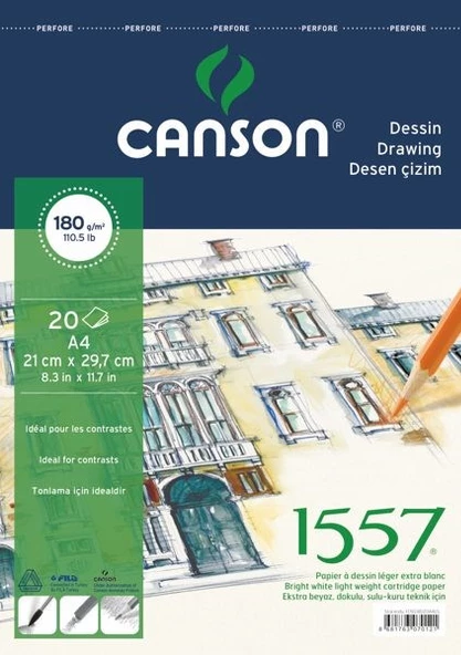 Canson 1557 Dessin Resim Ve Çizim Blok 180 gr. Spiralli A4 20 Sayfa ürün görseli 1