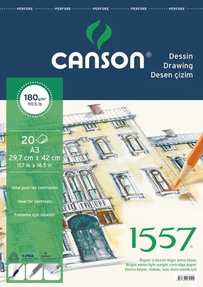 Canson 1557 Dessin Resim Ve Çizim Blok 180 gr. Spiralli A3 20 Sayfa ürün görseli 1