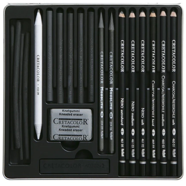 Cretacolor Black Box Charcoal Drawing Set Progesyonel Kömür Çizim Seti 20 Parça Metal Kutu (400 30) ürün görseli 1