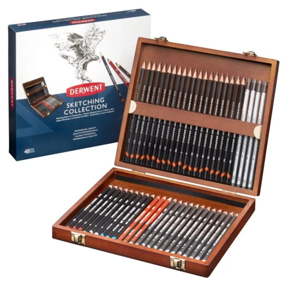 Derwent Sketching Pencils Çizim Kalemi Seti 48li Ahşap Kutu ürün görseli 1