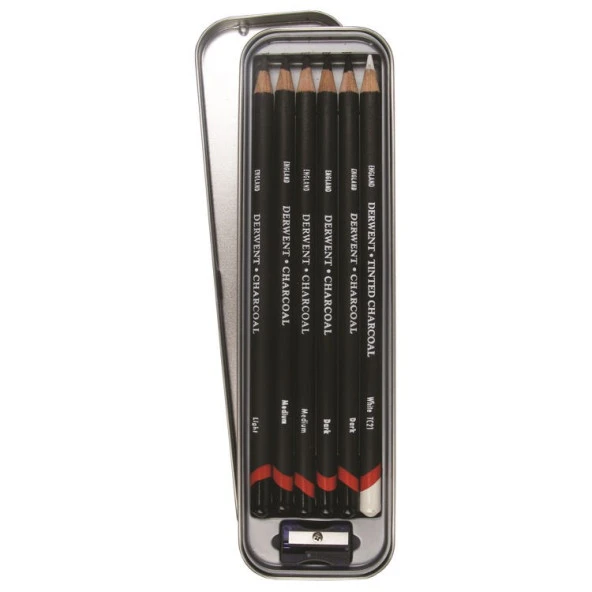Derwent Charcoal Pencils Kömür Füzen Kalem Seti 6lı Teneke Kutu ürün görseli 1