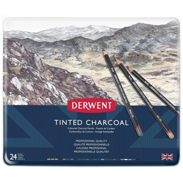 Derwent Tinted Charcoal Renkli Kömür Füzen Seti 24lü Teneke Kutu ürün görseli 1