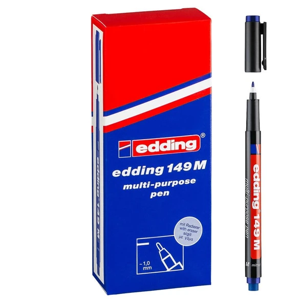 Edding 149 M Çok Amaçlı Permanent Kalem (Silgili Asetat Kalemi) MAVİ 10lu Kutu ürün görseli 1