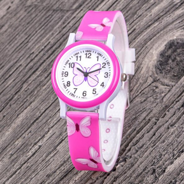 4-12 Yaş Pembe Desenli Kordon Mor Kelebek Kadran Çocuk Kol Saat Analog ST-304336 ürün görseli 1