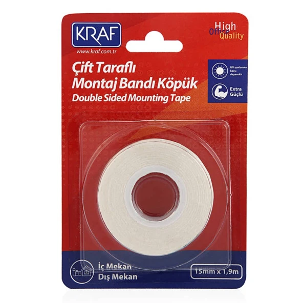 Kraf Çift Taraflı Köpük Montaj Bantı 15 mm x 1,9 mt ürün görseli 1