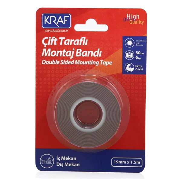 Kraf Çift Taraflı Montaj Bantı Extra Güçlü Dış Mekan 19 mm x 1,5 mt ürün görseli 1