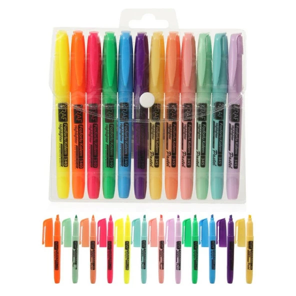 Kraf Fosforlu Kalem Cep Tipi 12 Renk (6 Pastel + 6 Neon) ürün görseli 1
