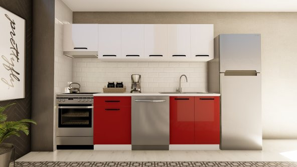 Visas Concept 260 Cm Ebru Hazır Mutfak Dolabı Aspiratör Modüllü Parlak Beyaz Ve Kırmızı(TEZGAH DAHİL) ürün görseli 1