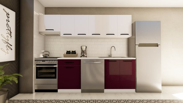 Visas Concept 260 Cm Gonca Hazır Mutfak Dolabı Aspiratör Modüllü Parlak Beyaz Ve Mürdüm(TEZGAH DAHİL) ürün görseli 1