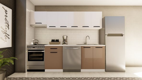 Visas Concept 260 Cm Sezer Hazır Mutfak Dolabı Aspiratör Modüllü Parlak Beyaz Ve Cappuccıno(TEZGAH DAHİL) ürün görseli 1