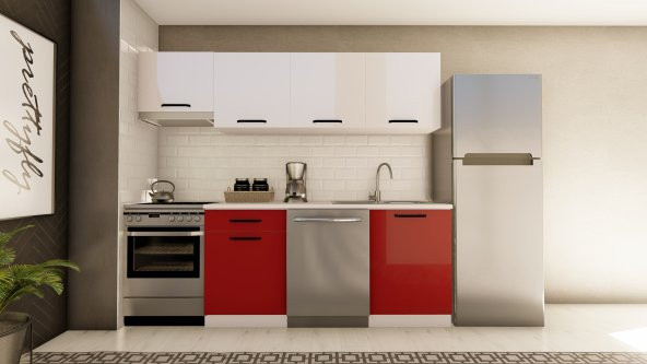 Visas Concept 240 Cm Erenay Hazır Mutfak Dolabı Aspiratör Modüllü Parlak Beyaz Ve Kırmızı(TEZGAH DAHİL) ürün görseli 1