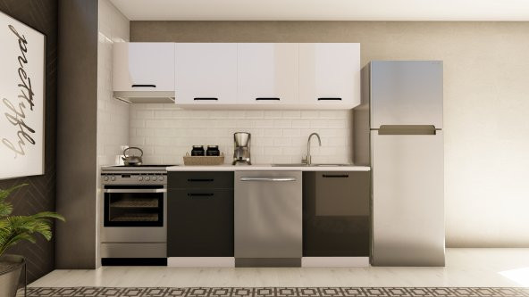 Visas Concept 240 Cm Meltem Hazır Mutfak Dolabı Aspiratör Modüllü Parlak Beyaz Ve Antrasit(TEZGAH DAHİL) ürün görseli 1