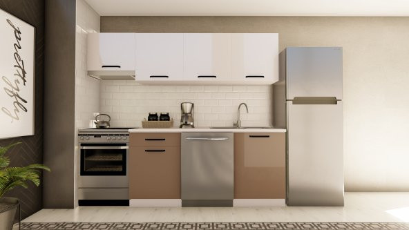 Visas Concept 240 Cm Lara Hazır Mutfak Dolabı Aspiratör Modüllü Parlak Beyaz Ve Cappuccıno(TEZGAH DAHİL) ürün görseli 1