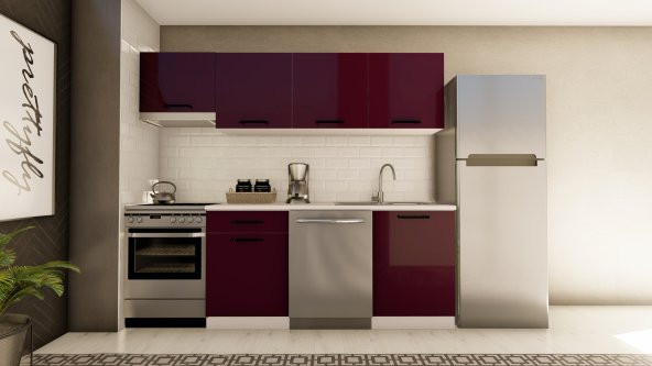 Visas Concept 240 Cm Nurdan Hazır Mutfak Dolabı Aspiratör Modüllü Parlak Mürdüm(TEZGAH DAHİL) ürün görseli 1