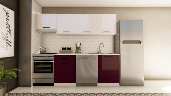 Visas Concept 240 Cm Nazar Hazır Mutfak Dolabı Aspiratör Modüllü Parlak Beyaz Ve Mürdüm(TEZGAH DAHİL) ürün görseli 1
