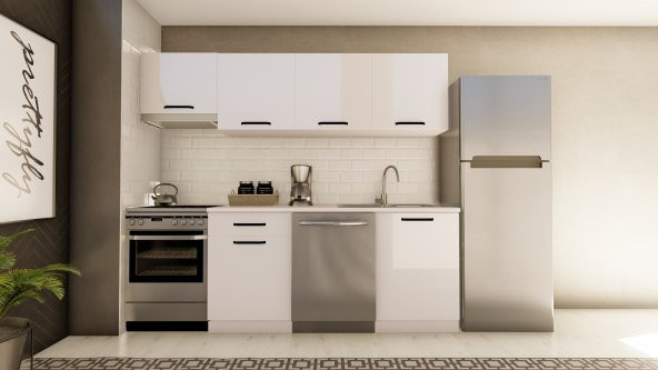 Visas Concept 240 Cm Gamze Hazır Mutfak Dolabı Aspiratör Modüllü Parlak Beyaz(TEZGAH DAHİL) ürün görseli 1