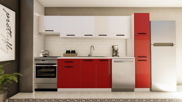 Visas Concept 300 Cm Esra Hazır Mutfak Dolabı Aspiratör Ve Kiler Modüllü Parlak Beyaz Ve Kırmızı (TEZGAH DAHİL) ürün görseli 1