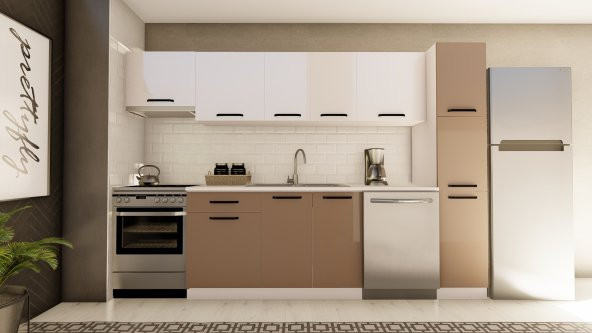 Visas Concept 300 Cm Hürrem Hazır Mutfak Dolabı Aspiratör Ve Kiler Modüllü Parlak Beyaz Ve Cappuccıno (TEZGAH DAHİL) ürün görseli 1