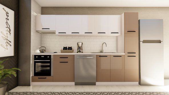 Visas Concept 300 Cm Almira Hazır Mutfak Dolabı Aspiratör, Ankastre Ve Kiler Modüllü Parlak Beyaz Ve Cappuccino(TEZGAH DAHİL) ürün görseli 1