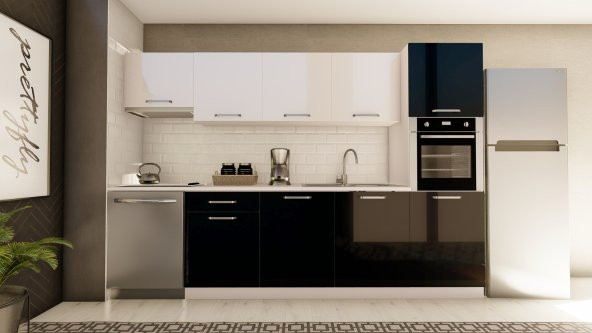 Visas Concept 300 Cm Zeytin Hazır Mutfak Dolabı Aspiratör Ve Ankastre Kiler Modüllü Parlak Beyaz Ve Siyah (TEZGAH DAHİL) ürün görseli 1