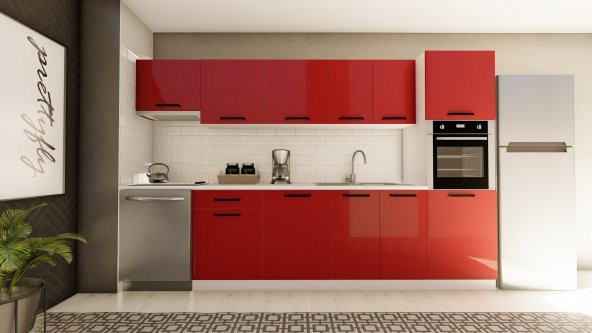 Visas Concept 320 Cm Beyza Hazır Mutfak Dolabı Aspiratör Ve Ankastre Kiler Modüllü Parlak Kırmızı (TEZGAH DAHİL) ürün görseli 1