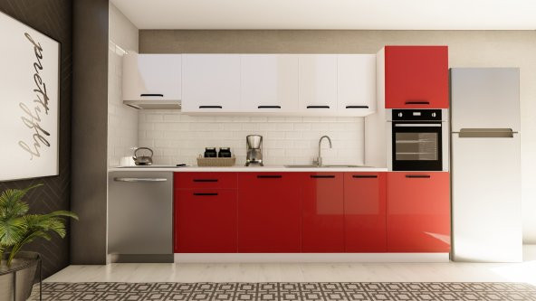 Visas Concept 320 Cm Özlem Hazır Mutfak Dolabı Aspiratör Ve Ankastre Kiler Modüllü Parlak Beyaz Ve Kırmızı(TEZGAH DAHİL) ürün görseli 1
