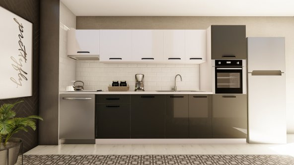Visas Concept 320 Cm Aynur Hazır Mutfak Dolabı Aspiratör Ve Ankastre Kiler Modüllü Parlak Beyaz Ve Antrasit (TEZGAH DAHİL) ürün görseli 1