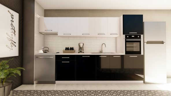Visas Concept 320 Cm Şimal Hazır Mutfak Dolabı Aspiratör Ve Ankastre Kiler Modüllü Parlak Beyaz Ve Siyah (TEZGAH DAHİL) ürün görseli 1