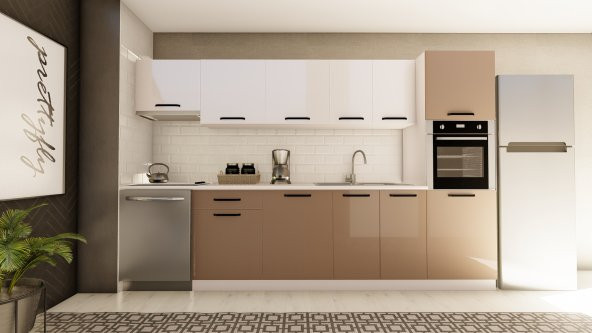 Visas Concept 320 Cm Selin Hazır Mutfak Dolabı Aspiratör Ve Ankastre Kiler Modüllü Parlak Beyaz Ve Cappuccıno (TEZGAH DAHİL) ürün görseli 1