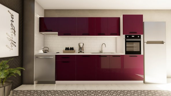 Visas Concept 320 Cm Çiğdem Hazır Mutfak Dolabı Aspiratör Ve Ankastre Kiler Modüllü Parlak Mürdüm (TEZGAH DAHİL) ürün görseli 1