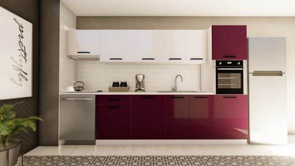 Visas Concept 320 cm Didem Hazır Mutfak Dolabı Aspiratör ve Ankastre Kiler Modüllü Parlak Beyaz ve Mürdüm ürün görseli 1