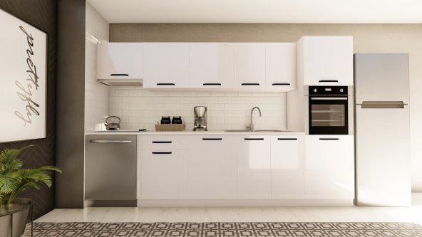 Visas Concept 320 Cm Emine Hazır Mutfak Dolabı Aspiratör Ve Ankastre Kiler Modüllü Parlak Beyaz (TEZGAH DAHİL) ürün görseli 1