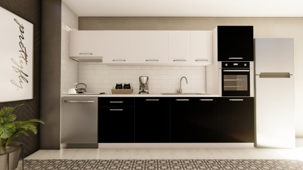 Visas Concept 320 Cm Kayra Hazır Mutfak Dolabı Aspiratör Ve Ankastre Kiler Modüllü Beyaz Ve Siyah (TEZGAH DAHİL) ürün görseli 1