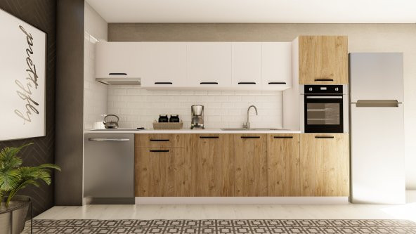 Visas Concept 320 Cm Ceyda Hazır Mutfak Dolabı Aspiratör Ve Ankastre Kiler Modüllü Beyaz Ve Atlantik Çam (TEZGAH DAHİL) ürün görseli 1