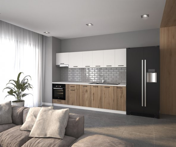 Visas Concept 280 Cm Yıldız Hazır Mutfak Dolabı Ankastre Ve Aspiratör Modüllü Beyaz Ve Atlantik Çam  (Tezgah Dahil) ürün görseli 1