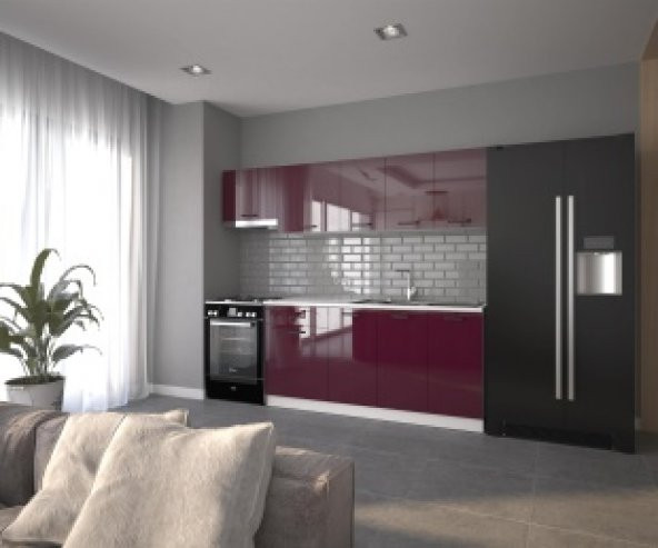 Visas Concept 240 Cm Sümbül Hazır Mutfak Dolabı Parlak Hıgh-Gloss Aspiratör Modüllü Mürdüm (Tezgah Dahil) ürün görseli 1